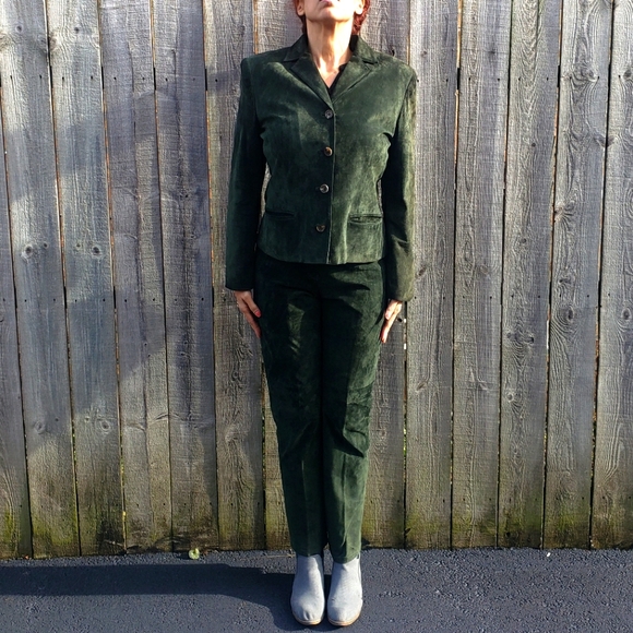 Vtg Lauren Ralph Lauren Green Suede 2 pc Leather Suit Jacket + Pants set - Picture 3 of 16